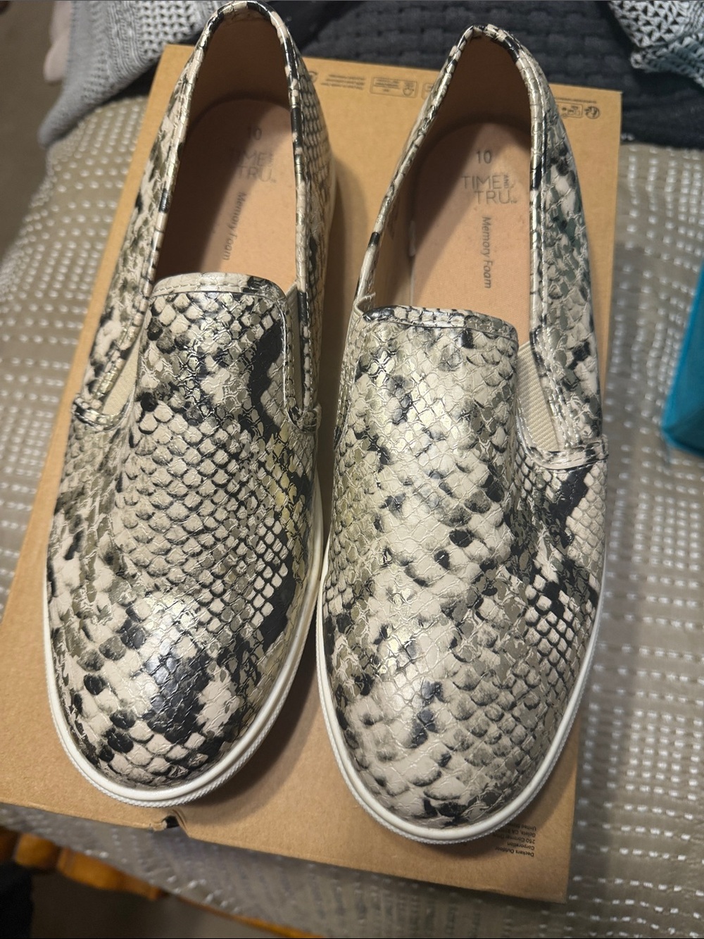 Time and Tru Women's Snake-Print Slip-On Sneakers in Cream and Black